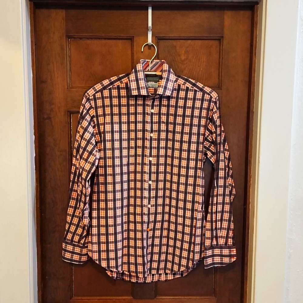 Thomas Dean Orange & Black Plaid Shirt, M, Flip Cuff